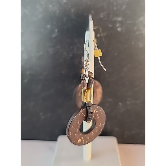 Brown And Beige Circular Beaded Dangling Earrings Vintage Costume Jewelry - Picture 6 of 10